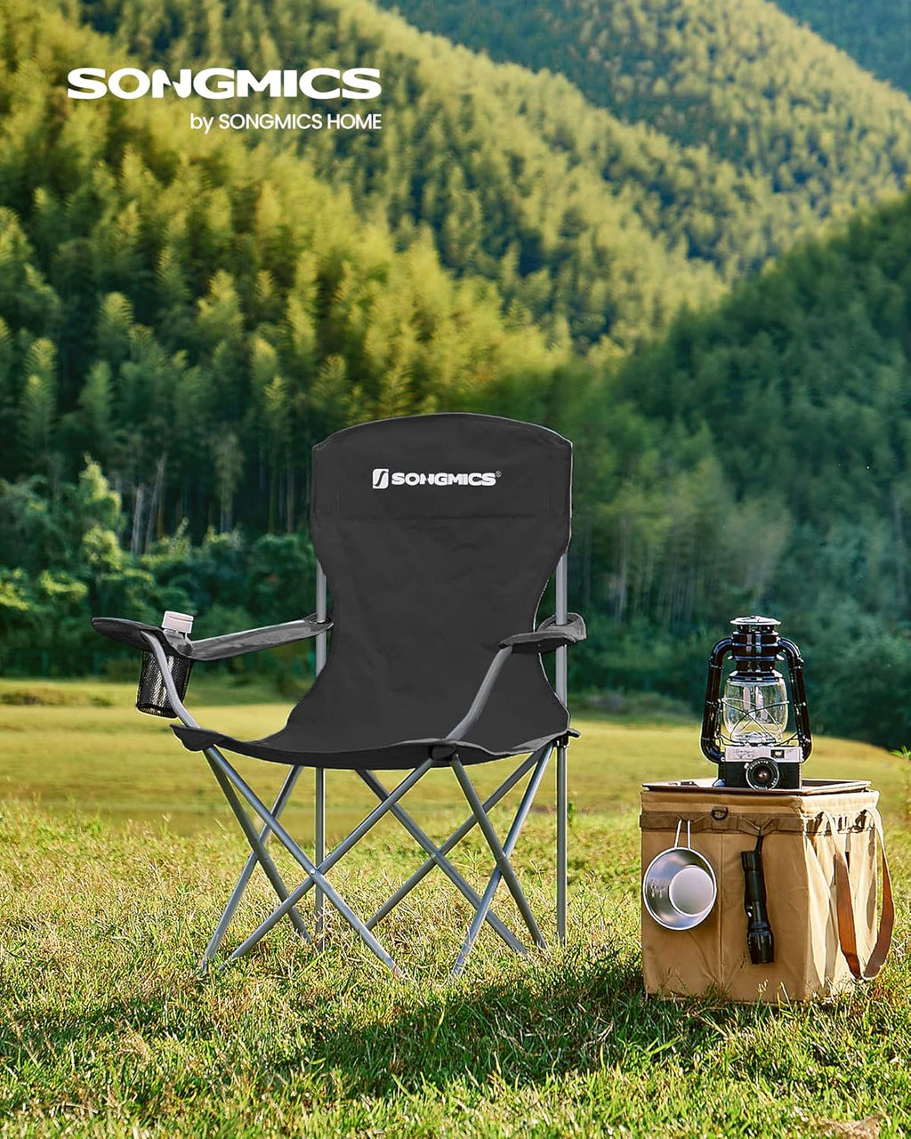 SONGMICS Folding Camping Chairs - Comfortable Heavy Duty Design | Max Load 330 lb, Black, Set of 2