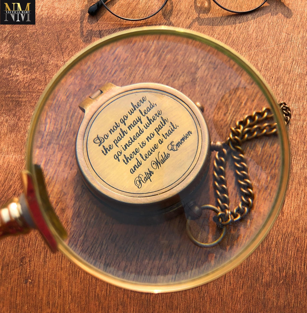 Ralph Waldo Emerson Quote Brass Compass Do not go Poem Compass with Leather Case for Graduation, Baptism, Confirmation - Brass Pocket Compass Gifts