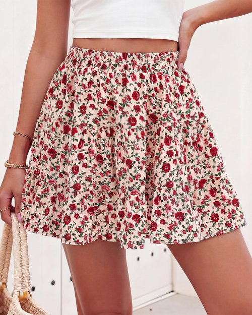 BTFBM Summer Skirts for Women 2026 Floral High Waist Shorts Underneath Boho Tiered Flowy Tennis Skorts Casual Mini Skirt(Floral Apricot Red, Large)