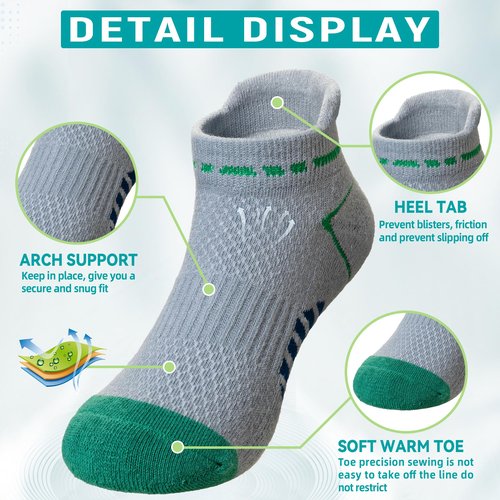 Eyean Boys Athletic Half Cushioned Ankle Socks Kids Cotton Sport Low Cut Socks 6 Pairs (Blue/Grey/Beige, 9-12 Years)