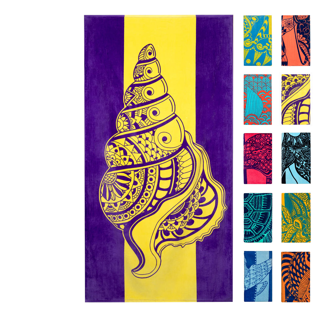 Nova Blue Seashell Beach Towel (34 X 63) – Purple & Yellow Travel Beach Towel Made from 100% Cotton – Unique Adult Beach Towels with Tropical Design - Compact BeachTowel