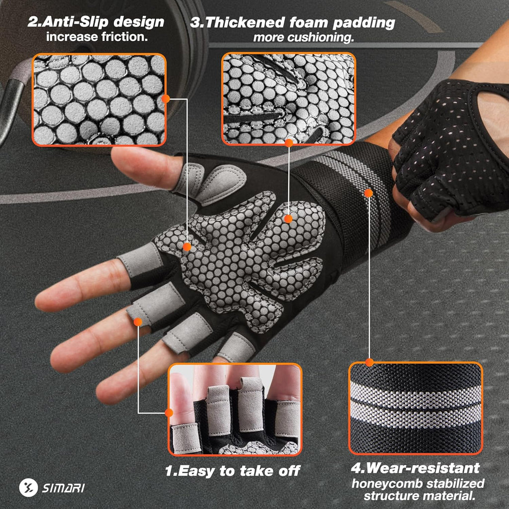 SIMARI Workout Gloves - Breathable Padded Weight Lifting Gloves with Wrist Wraps | Full Palm Protection, Fingerless Black
