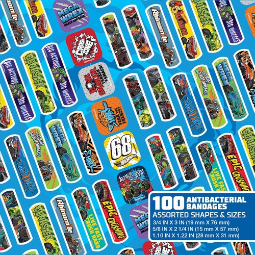 Hot Wheels Monster Trucks Antibacterial Kids Bandages, 3 Assorted Sizes 100 CT | Wear Like Stickers, Flexible Adhesive Bandages for Minor Cuts, Scrapes, and Burns. Great Gift idea for Kids