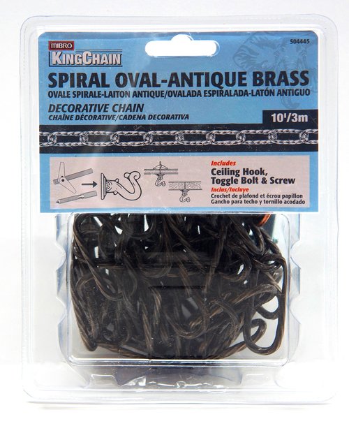 KingChain 504445 1/8-inch x 3 ft. Lightweight Decorative Spiral Oval Chain with 13 lb. Safe Working Load, Antique Brass Finish, for Hanging Baskets, Planters, Light Fixtures, Chandeliers