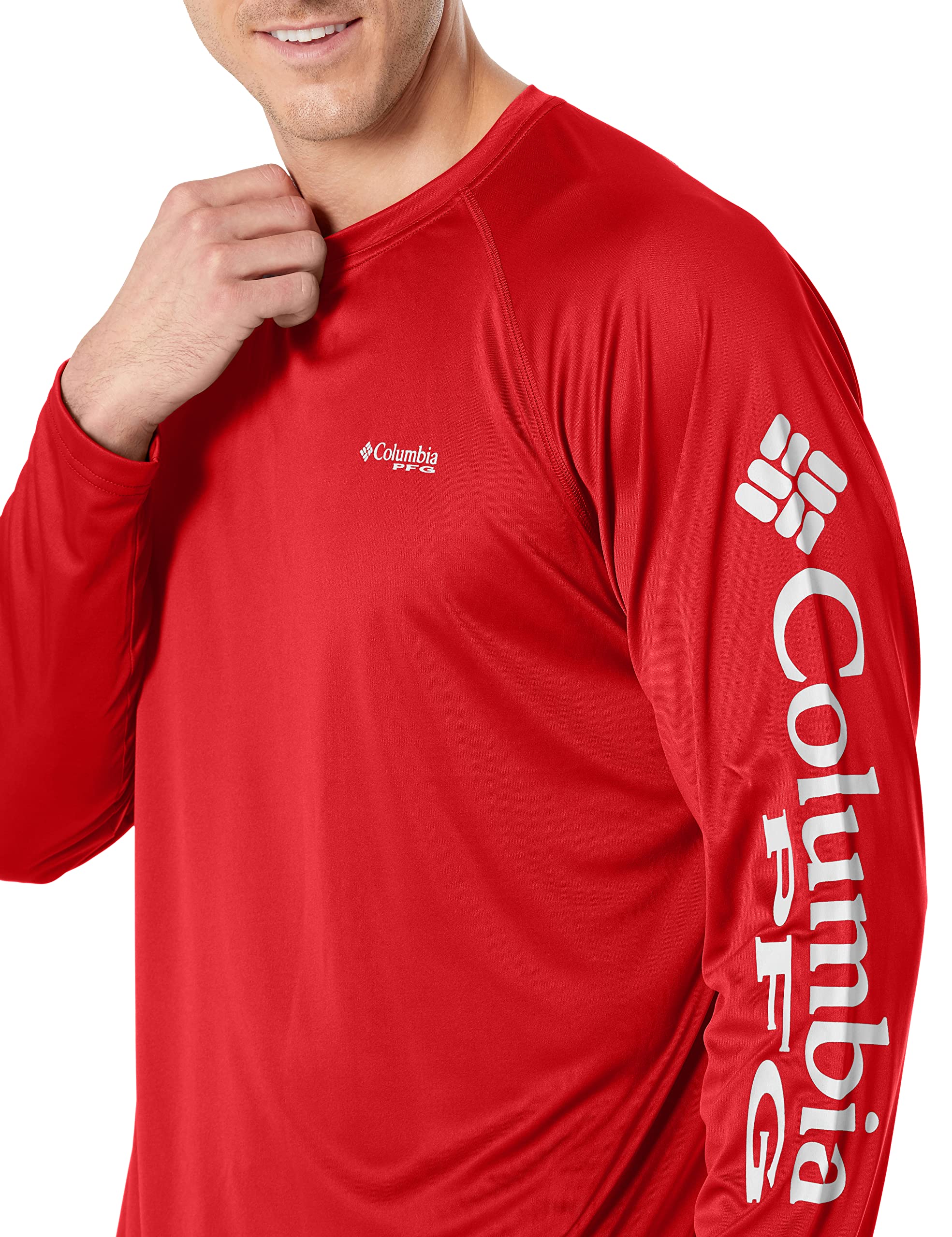 Columbia Men's PFG Terminal Tackle Long Sleeve Fishing Shirt, Red Spark/White Logo, 6X