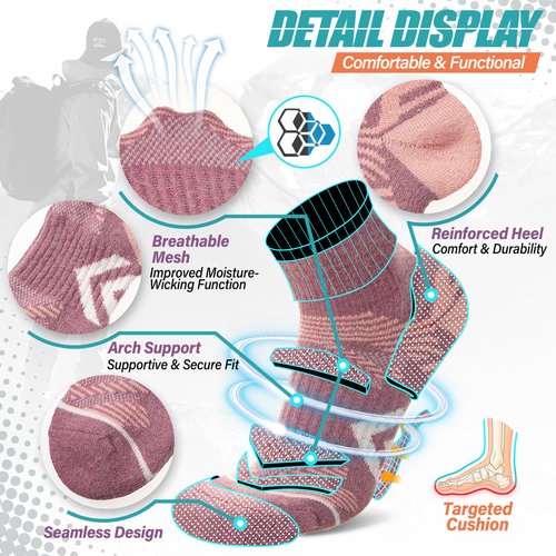 ANTSANG 6 Pairs Merino Wool Quarter Ankle Hiking Running Socks Compression Thermal Thick Cushion Socks for Women Men(Pink Series,M)