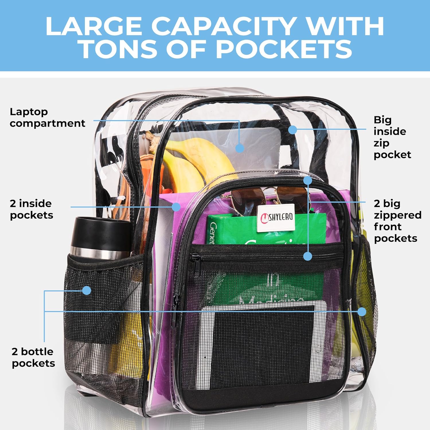 SHYLERO Clear Backpack - Heavy Duty PVC with TSA Lock & 2-Way Zipper | X-Large Black (18''x14''x8'')