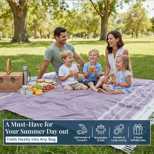 **LANE LINEN Outdoor Blanket - Large Soft Pre-Washed Diamond Weave Design (82"x82") for Beach & Travel**