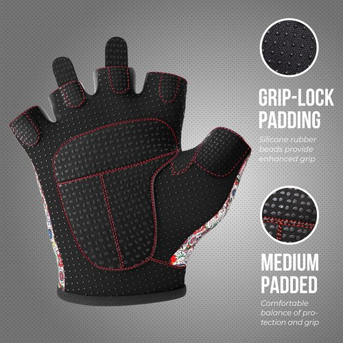 Contraband Pink Label 5237 Designer Series Workout Gloves for Women | Sugar Skull Print Weight Lifting Gloves for Women w/Grip-Lock Padding | Gym Gloves for Women w/Medium Padding (White, Large)