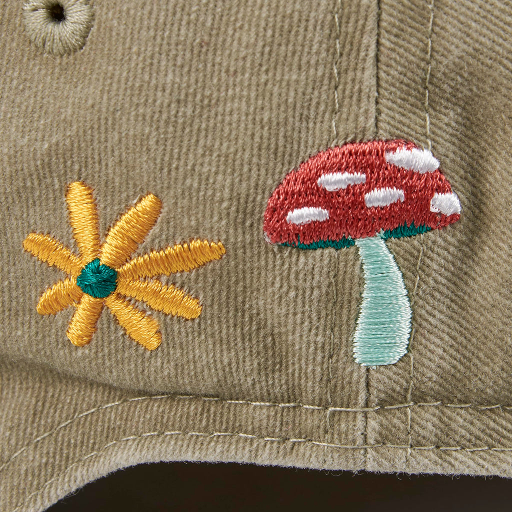 Primitives by Kathy Baseball Cap, Mushrooms Full Color Design, Stonewashed Khaki, Adjustable fit Metal Buckle