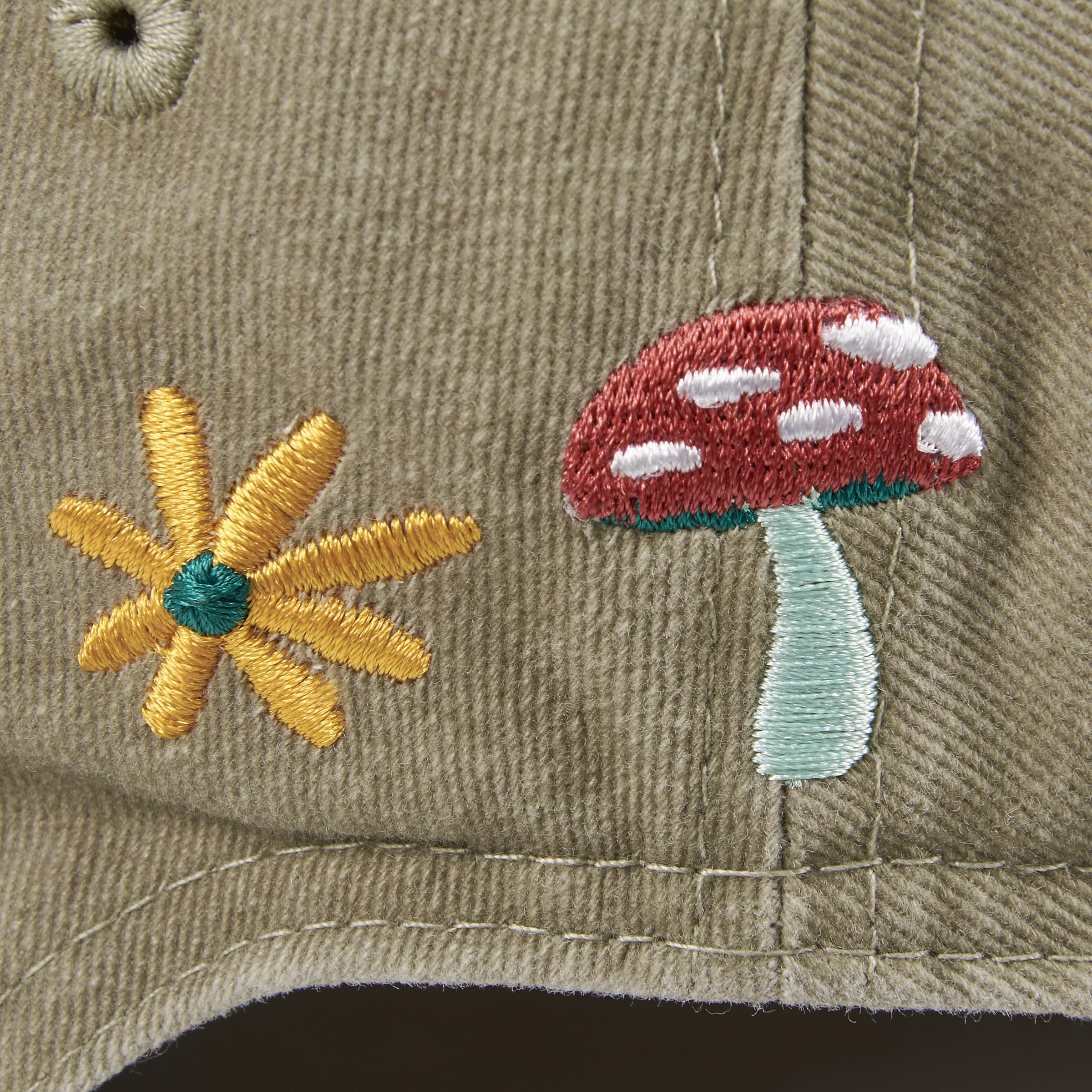 Primitives by Kathy Baseball Cap, Mushrooms Full Color Design, Stonewashed Khaki, Adjustable fit Metal Buckle