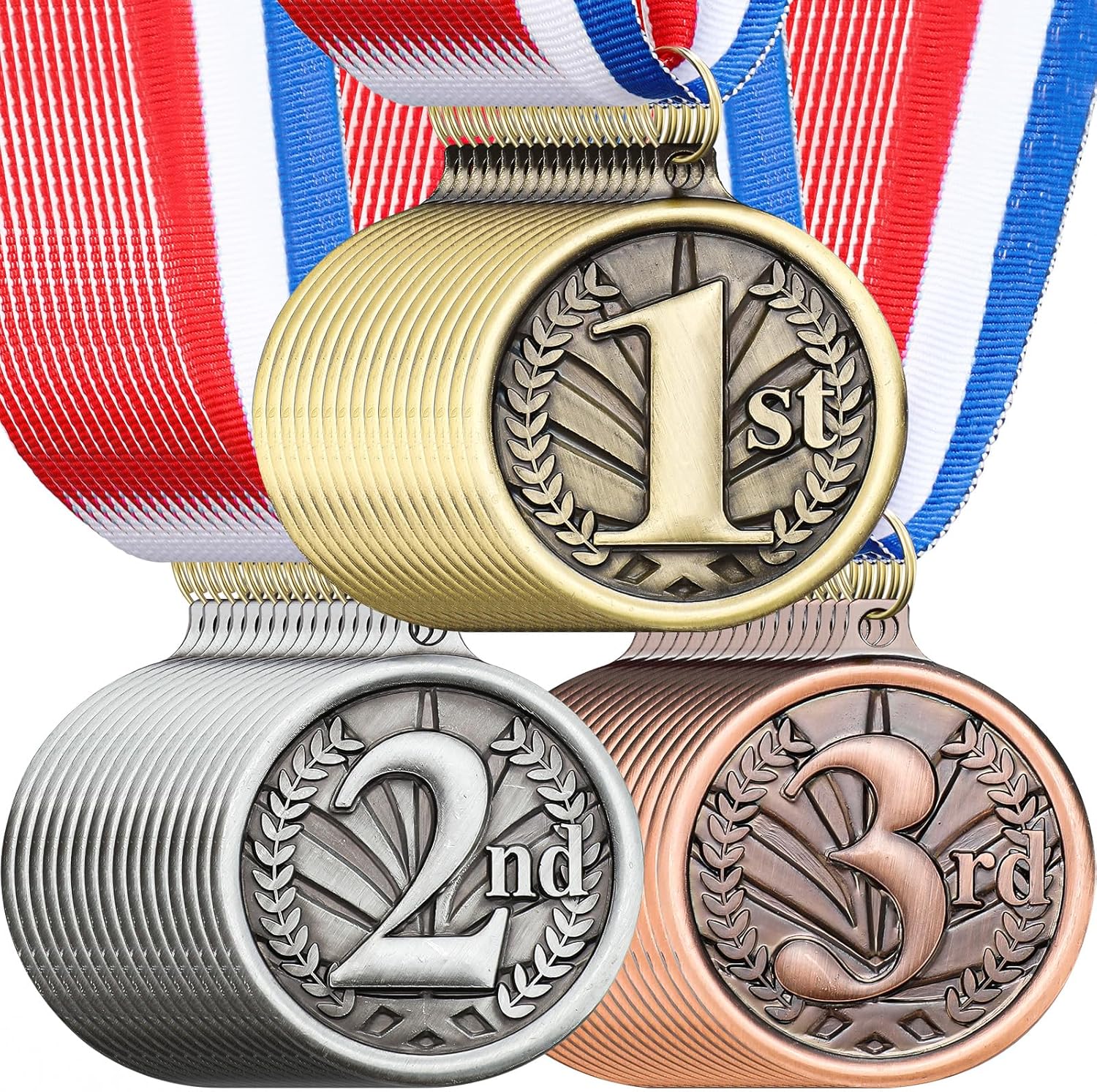 RoundFunny Award Medals - 1st, 2nd, 3rd Place Gold, Silver & Bronze Medals with Neck Ribbon | 2-Inch Trophy for Sports Competitions