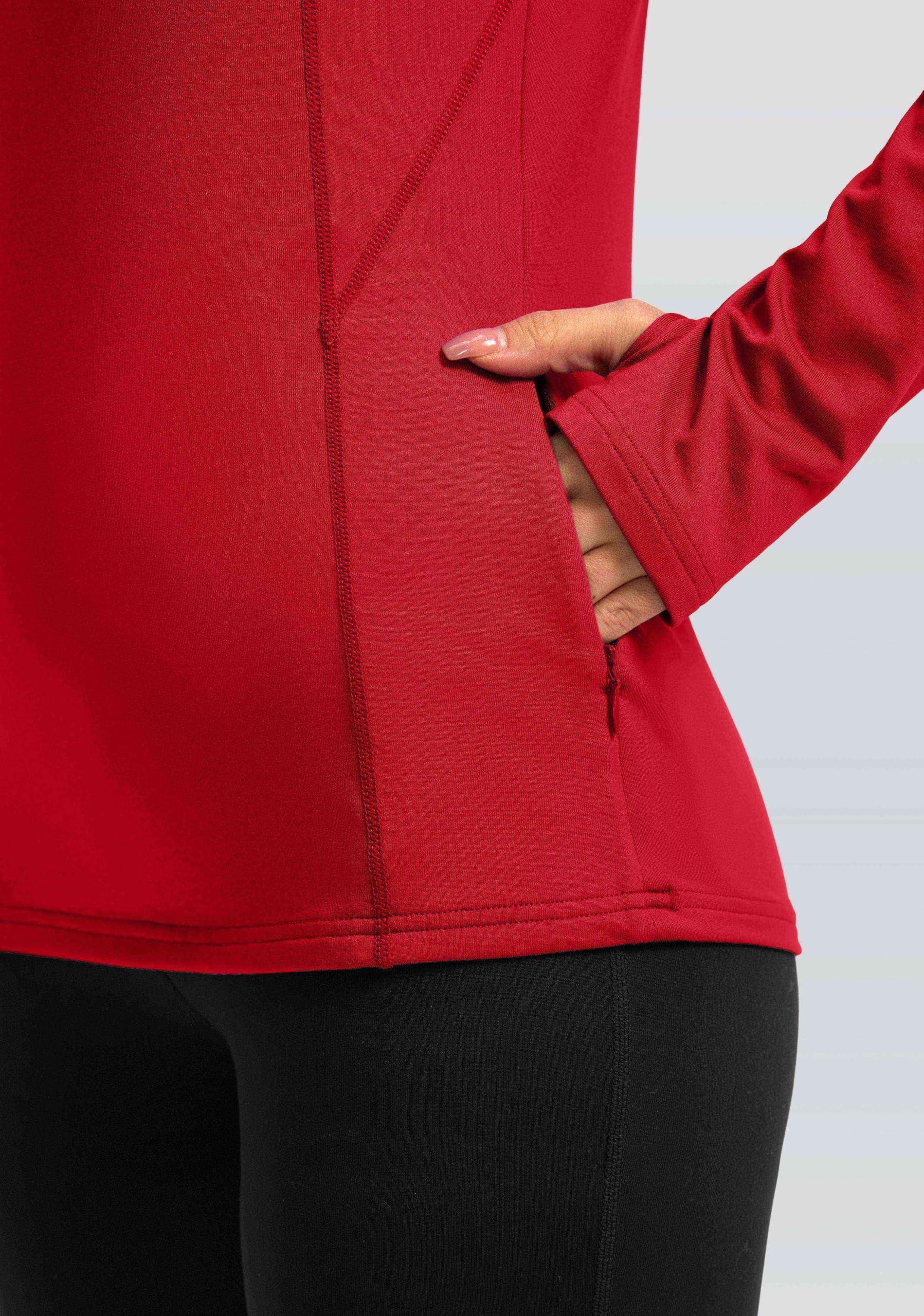 Women's Thermal Fleece Tops Long Sleeve Workout Shirts Running Athletic Base Layer with Thumb Holes Zipper Pocket(Red,S)