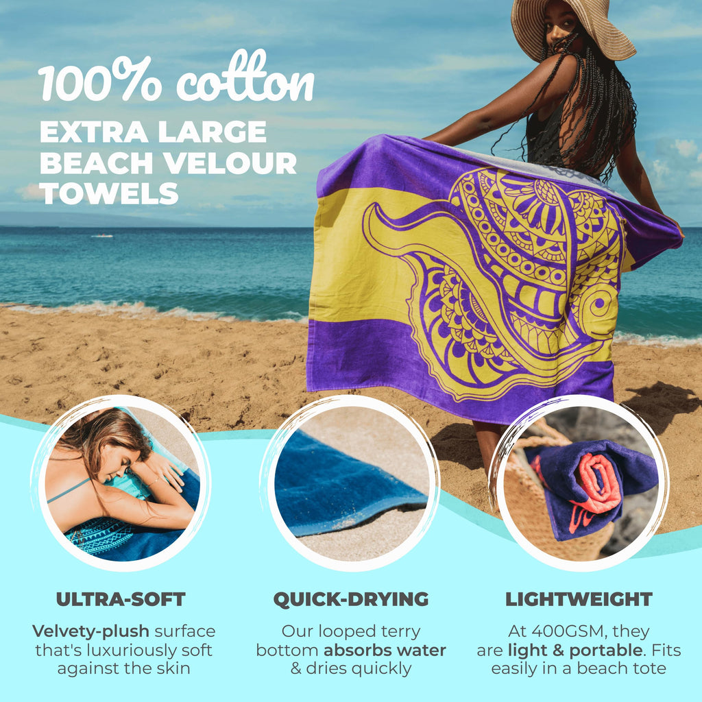 Nova Blue Seashell Beach Towel (34 X 63) – Purple & Yellow Travel Beach Towel Made from 100% Cotton – Unique Adult Beach Towels with Tropical Design - Compact BeachTowel