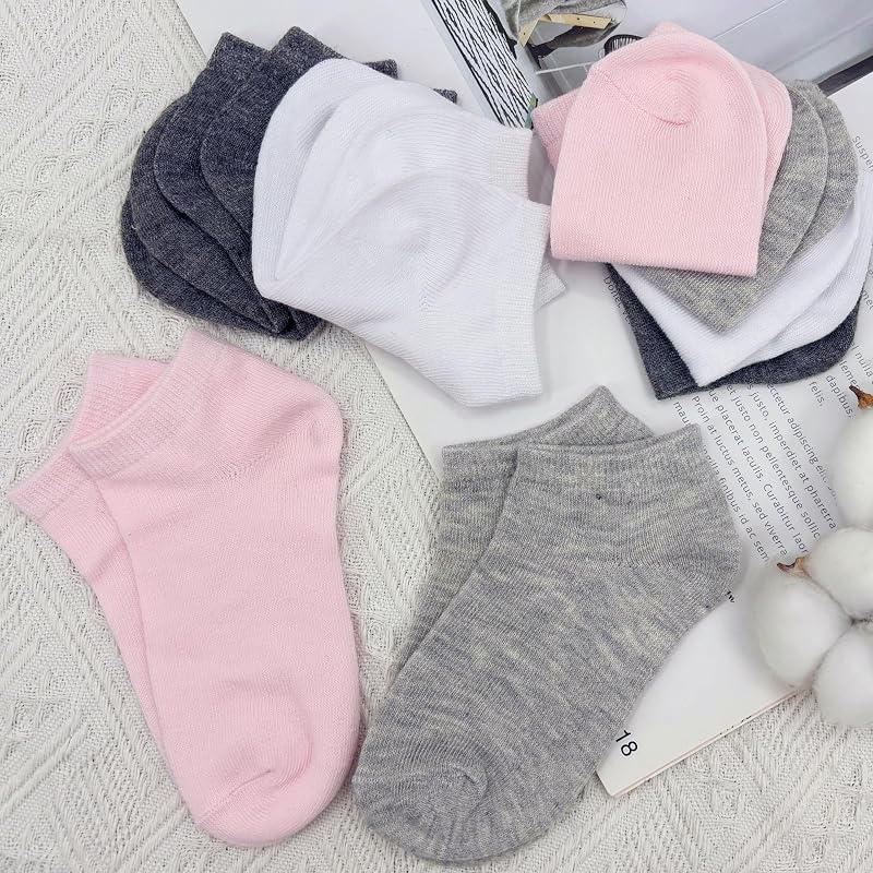 Duufin 12 Pairs Girls Ankle Socks Set, Gray/White/Pink, 6-8 Years