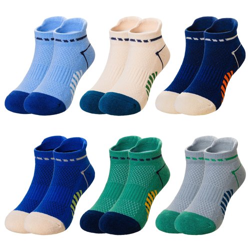Eyean Boys Athletic Half Cushioned Ankle Socks Kids Cotton Sport Low Cut Socks 6 Pairs (Blue/Grey/Beige, 9-12 Years)