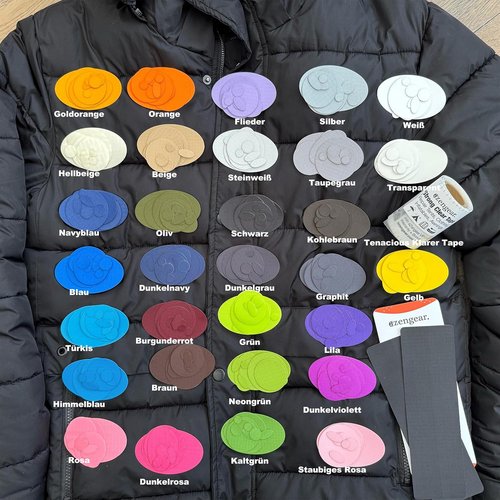aZengear Down Jacket Repair Patches Kit - 33 Waterproof Self-Adhesive Patches in Black, Clear & Navy for Coats & Gear