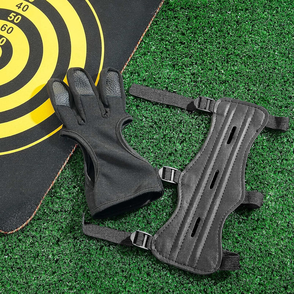 Sratte Archery Glove & Arm Guard Set - Adjustable 3-Strap Leather Bracer for Youth & Adults