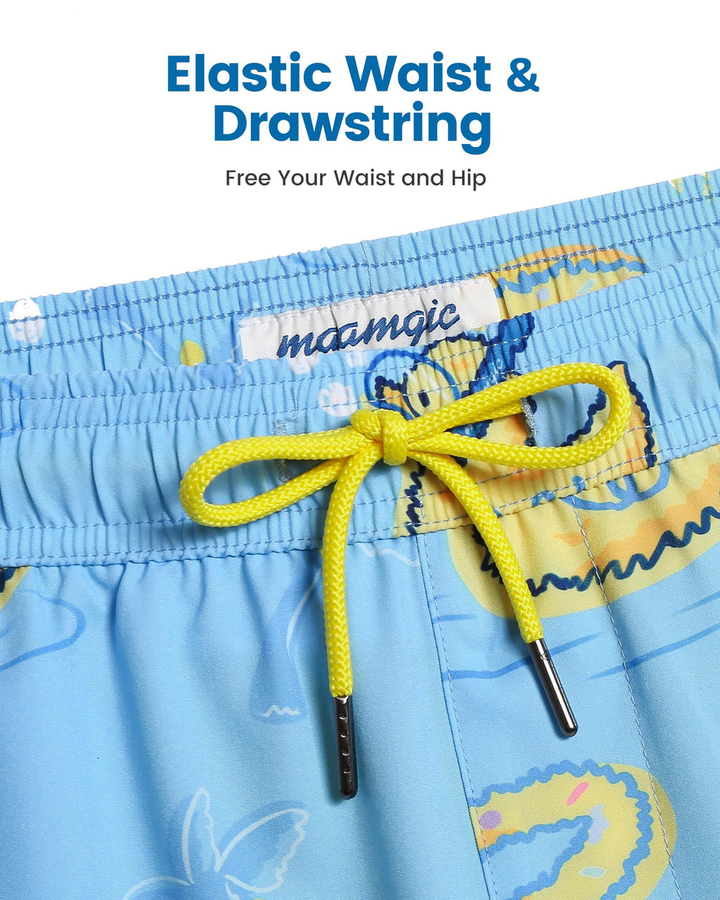 maamgic Mens Swim Trunks with Compression Liner 5 Inch, Quick Dry Bathing Suit with Zipper Pockets, Stretch No-Chafing Swim Shorts, Blue-Swimming Duck XX-Large