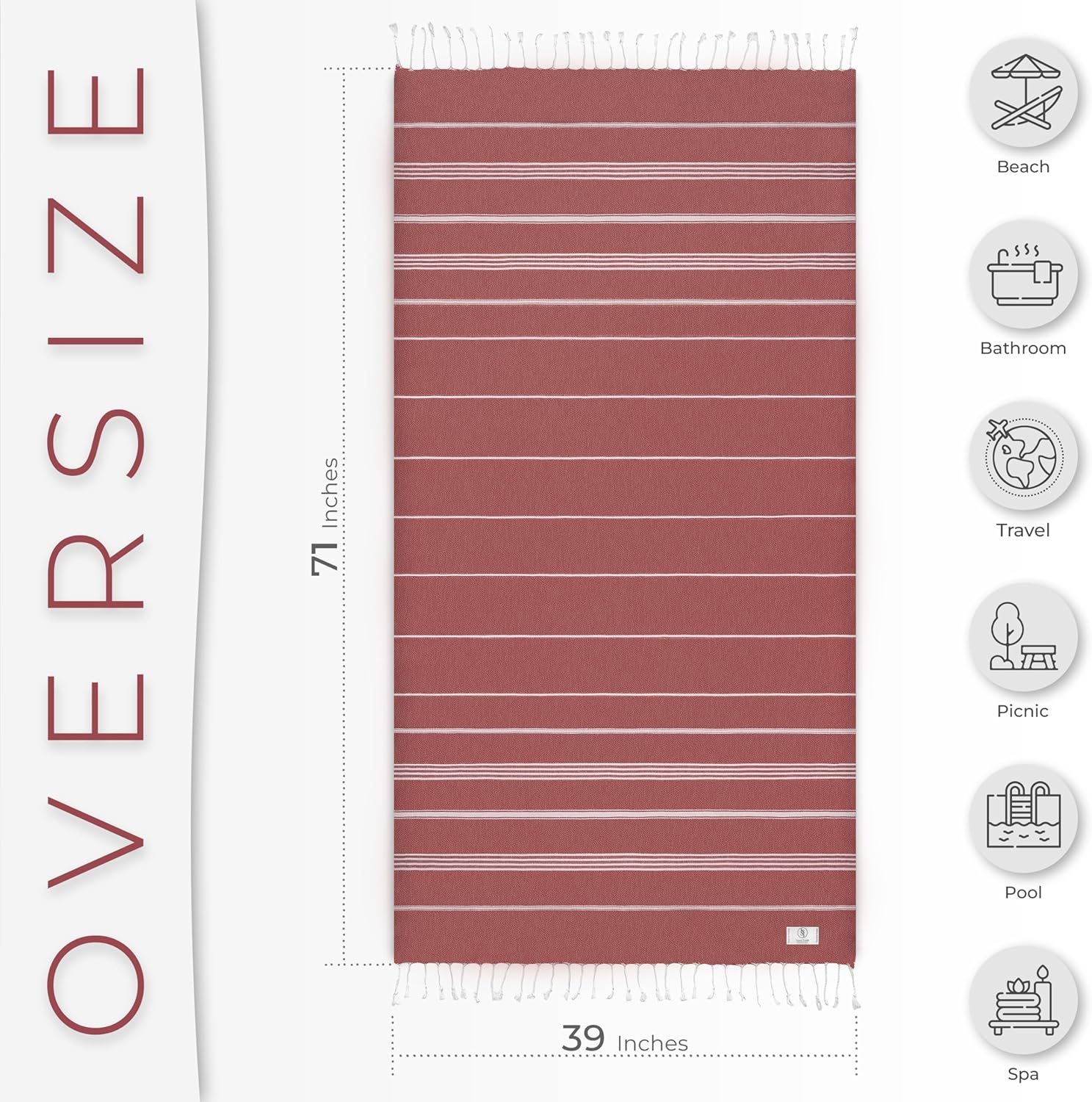 Turkish Beach Towel - Soft, Sand-Free Extra Large (39" x 71") | Quick-Dry, Versatile for Pool, Bath, Travel & Picnics - Rose Red