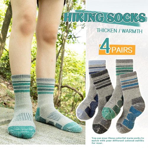 SeeyAN Kids Merino Wool Hiking Socks Boys Girls Thermal Winter Warm Boot Toddlers Thick Cushion Socks 4 Pairs (4 Pairs Grey Stripe A, 4-7 Years)