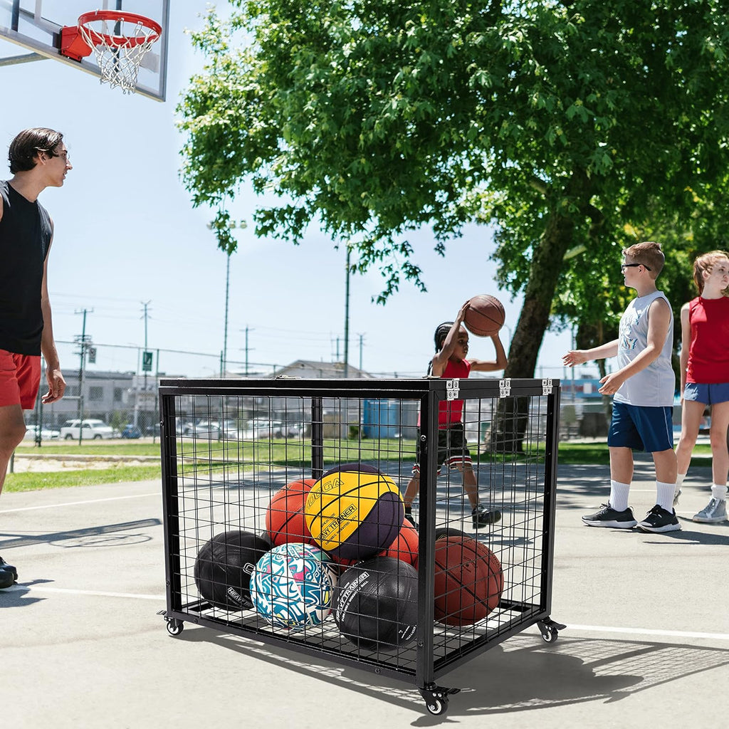 Rehomerance Basketball Organizer Cart - Lockable Lid & Rolling Storage Bin for Indoor/Outdoor Use