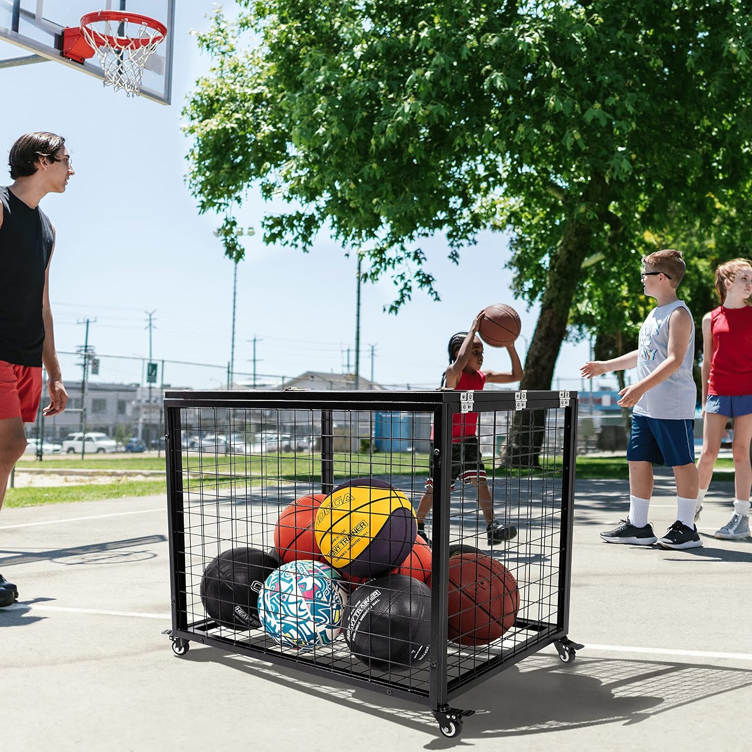 Rehomerance Basketball Organizer Cart - Lockable Lid & Rolling Storage Bin for Indoor/Outdoor Use