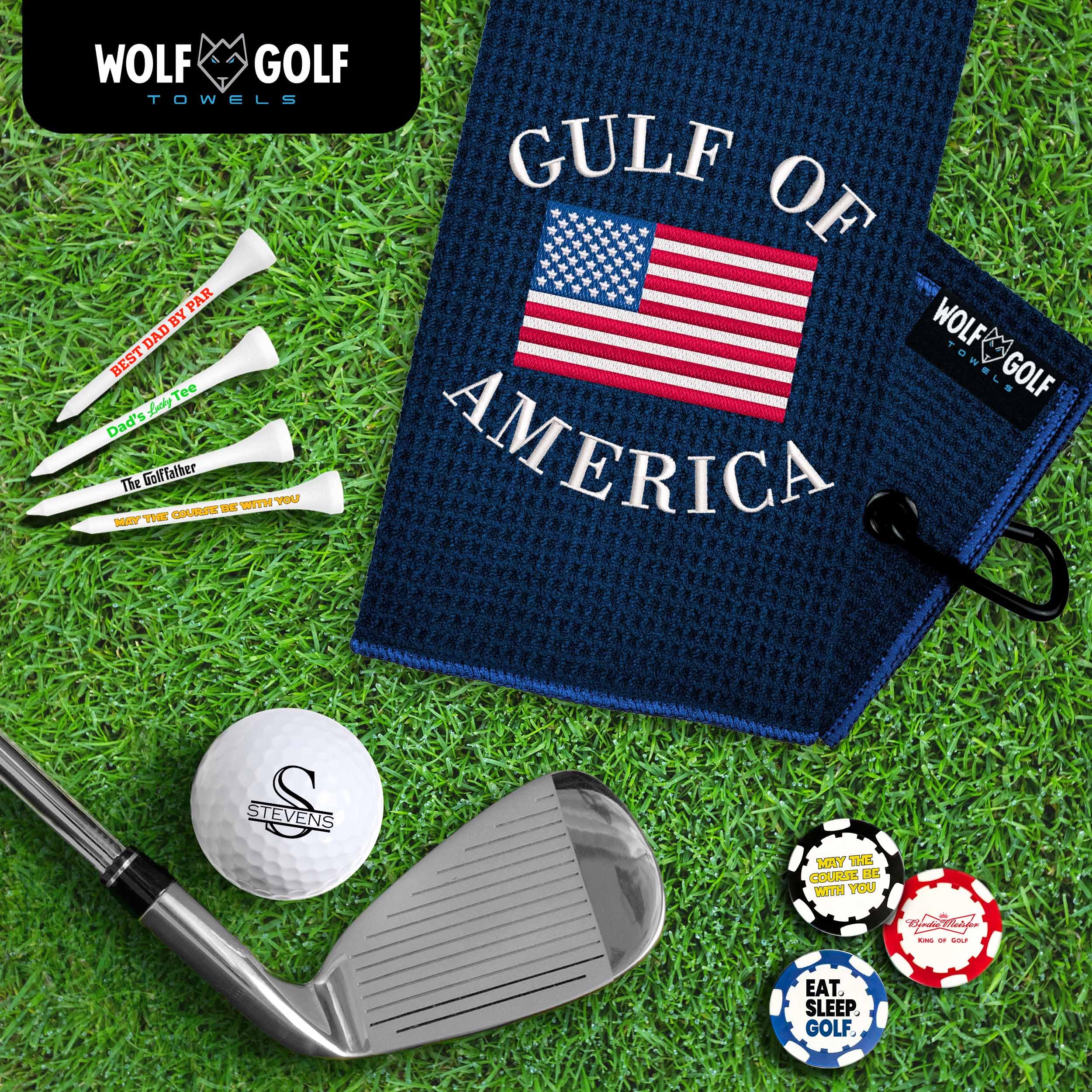 Wolf Golf Towels Gulf of America Golf Towel | Embroidered Microfiber Funny Golf Accessories | Navy Gulf of America Towel