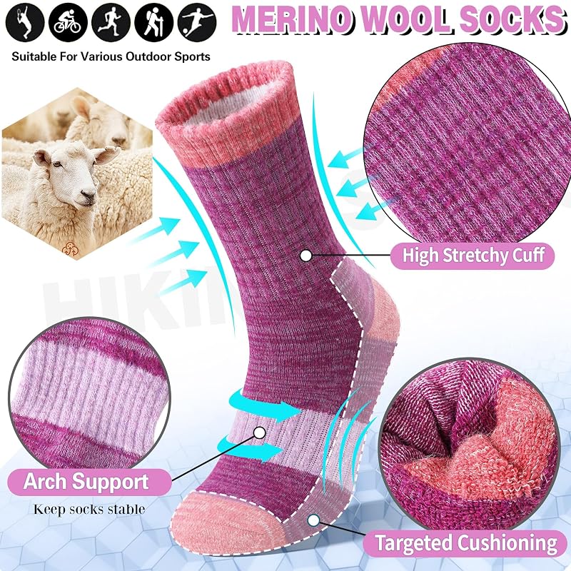 Merino Wool Hiking Socks for Women - Thermal, Cushioned, Moisture-Wicking, 5 Pairs (Black/Gray/Blue/Rose Red/Dark Caramel) Medium