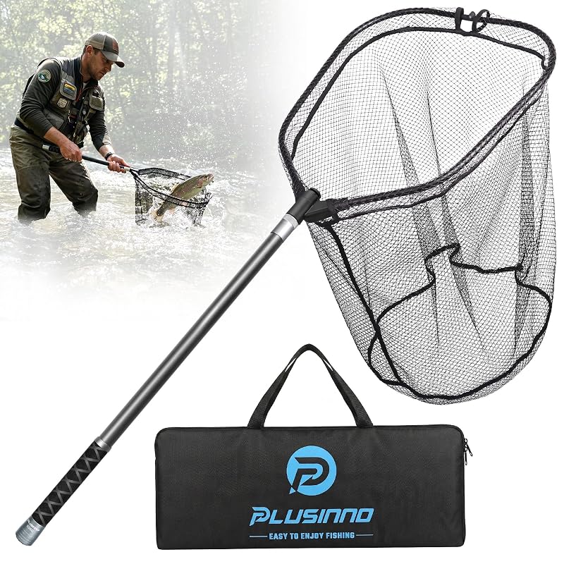 PLUSINNO 3.4 Ft Fixed Telescoping Fishing Net, Large Landing Net for Bass Trout Kayak Fishing