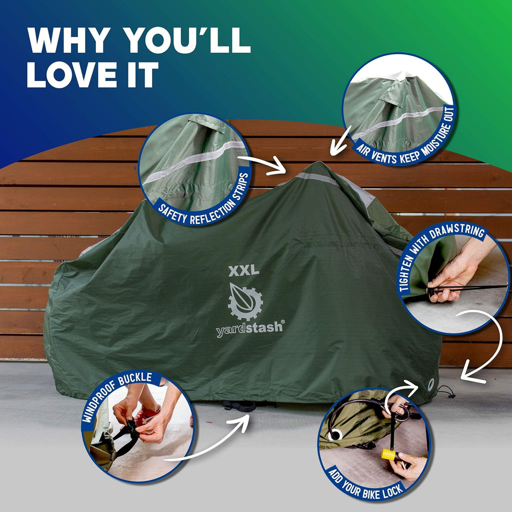 YardStash Bike Cover - XXL Waterproof & Weatherproof Bicycle Storage Solution | Reflective Green Tarp for Bikes, Trikes & E-Bikes
