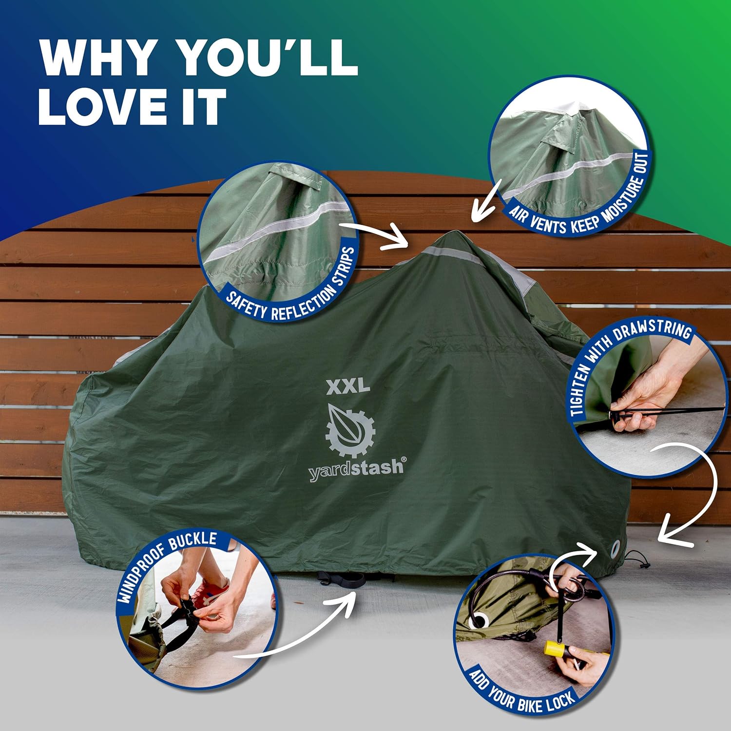 YardStash Bike Cover - XXL Waterproof & Weatherproof Bicycle Storage Solution | Reflective Green Tarp for Bikes, Trikes & E-Bikes