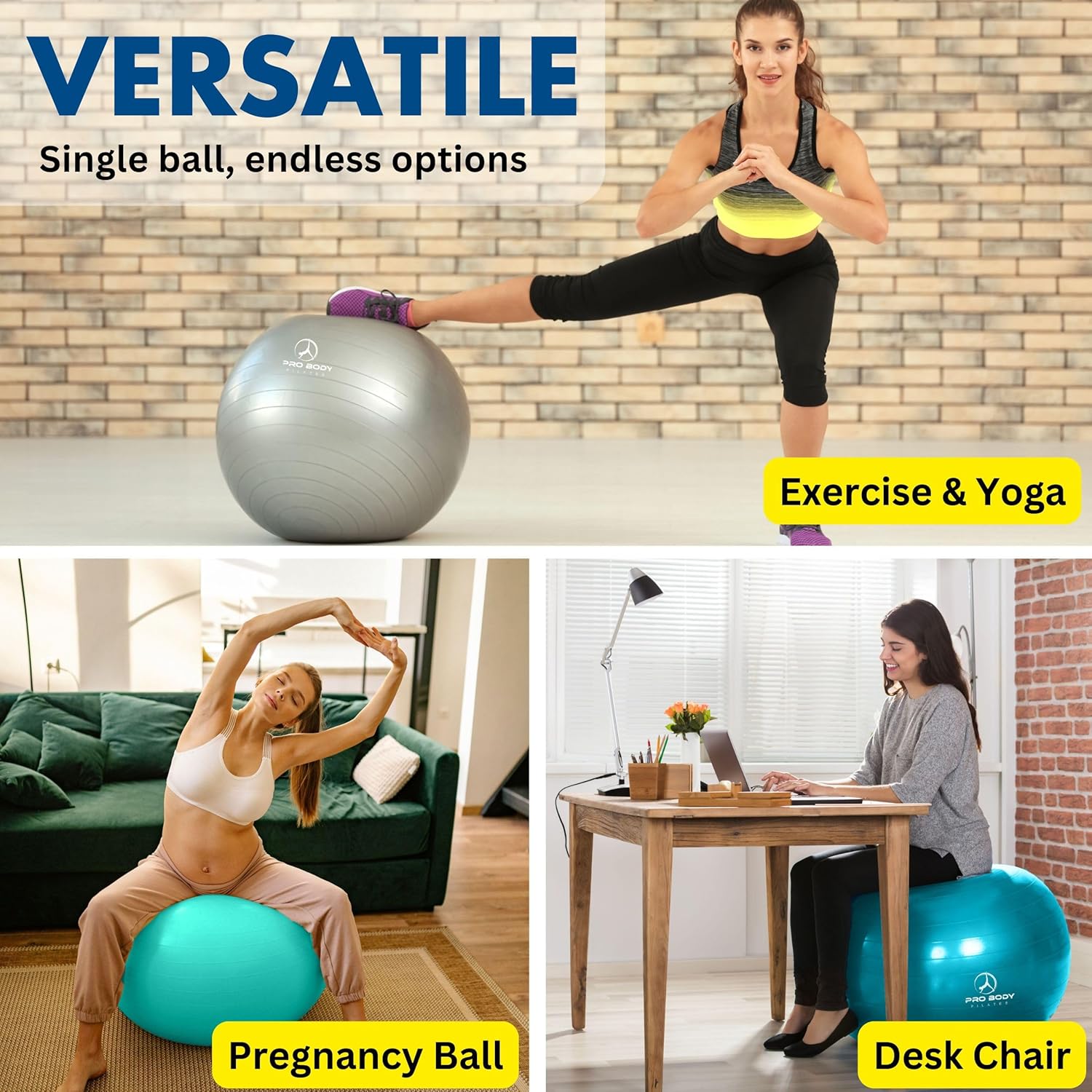 ProBody Pilates Yoga Ball - Exercise Balls, Various Sizes, for Stability, Pregnancy, Workout & Physical Therapy