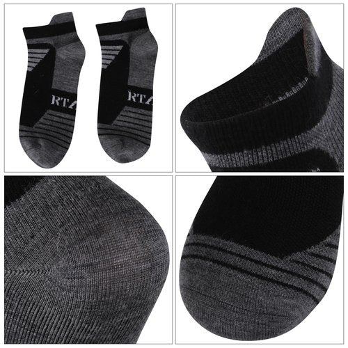 RTZAT 90% Merino Wool Athletic Running Tennis Light Ankle Low Cut Cushioned No Show Socks for Men & Women, X-Large, Black&Dark Gray, 3 Pack