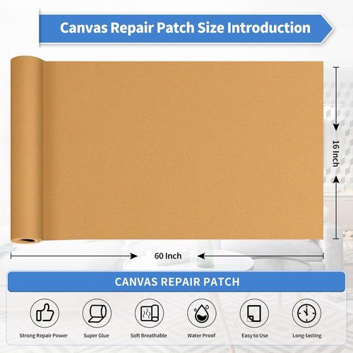 KING MOUNTAIN Canvas Repair Patch 16×60 Inch Self-Adhesive Waterproof Fabric Patch for Sofas, Tents, Furniture,Tote Bags, Car Seats (Light Brown)