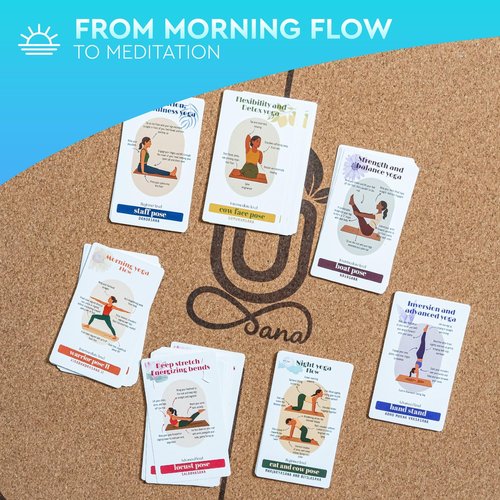 Ohmsana Natural Cork Yoga Mat with Alignment Lines and 55 Instructional Cards in 7 Themes for Beginner - Non-Slip Eco Friendly - 183x66x5mm for Home Workouts, Balance & Precision