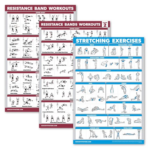 Palace Learning 3 Pack: Resistance Bands Workouts Volume 1 & 2 + Stretching Exercises Poster Set - Set of 3 Workout Charts (LAMINATED, 18" x 24")
