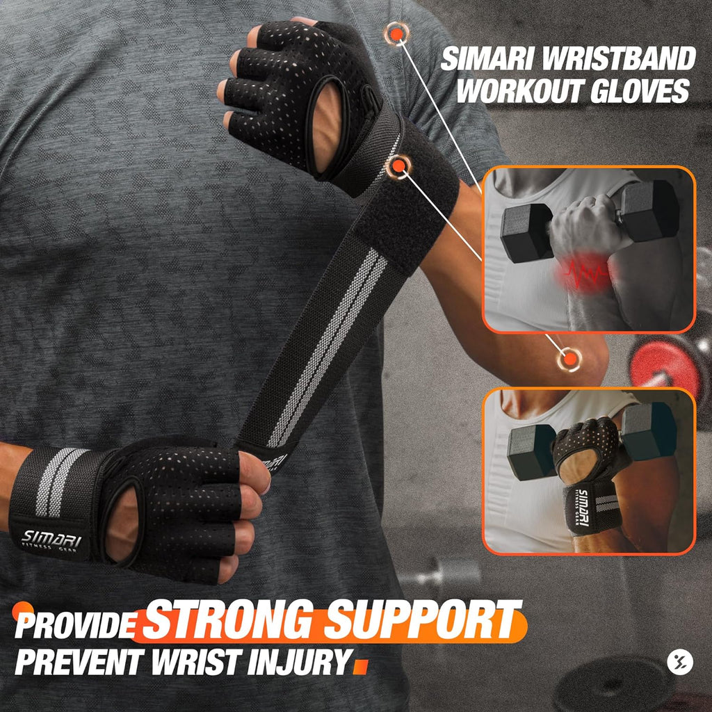 SIMARI Workout Gloves - Breathable Padded Weight Lifting Gloves with Wrist Wraps | Full Palm Protection, Fingerless Black