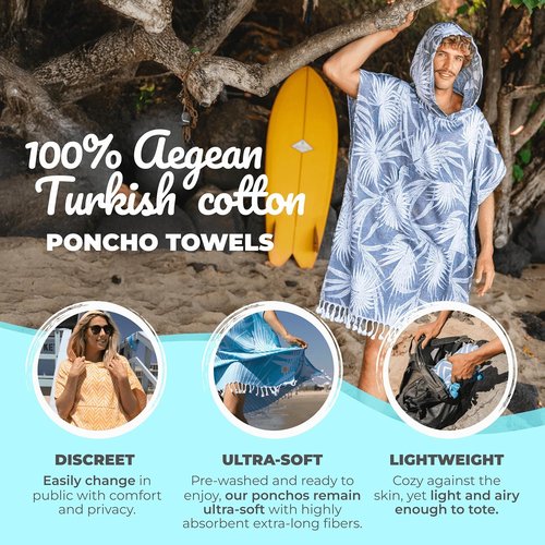 Nova Blue Black Jungle Surf Poncho - Adult Hooded Changing Towel | 100% Turkish Cotton, Quick Dry (33 X 37)