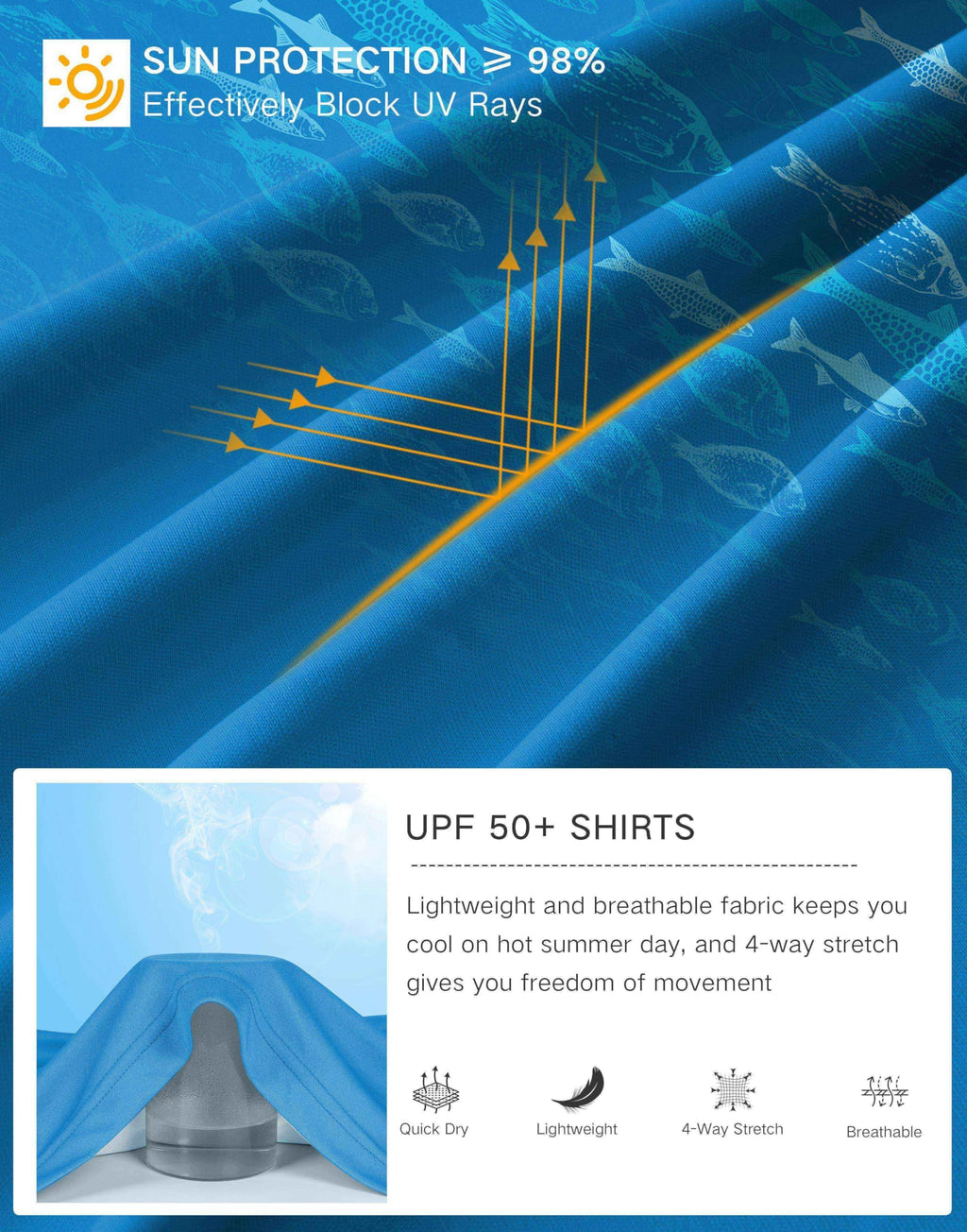 Pudolla Men's Sun Protection Hoodie Shirts UPF 50+ Rash Guard SPF Long Sleeve Fishing Shirt for Men Swim Hiking Boating(Blue Fish XX-Large)