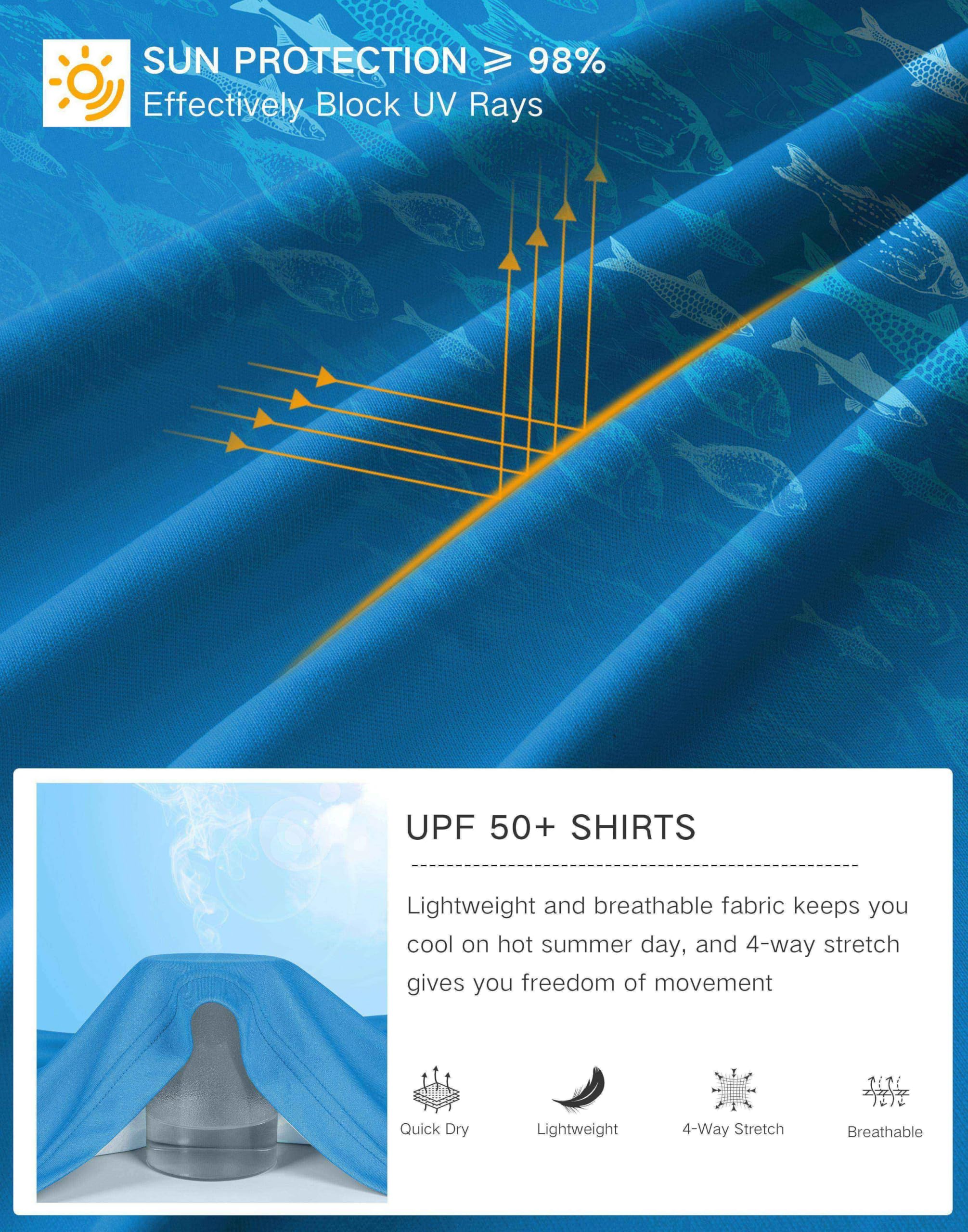 Pudolla Men's Sun Protection Hoodie Shirts UPF 50+ Rash Guard SPF Long Sleeve Fishing Shirt for Men Swim Hiking Boating(Blue Fish XX-Large)
