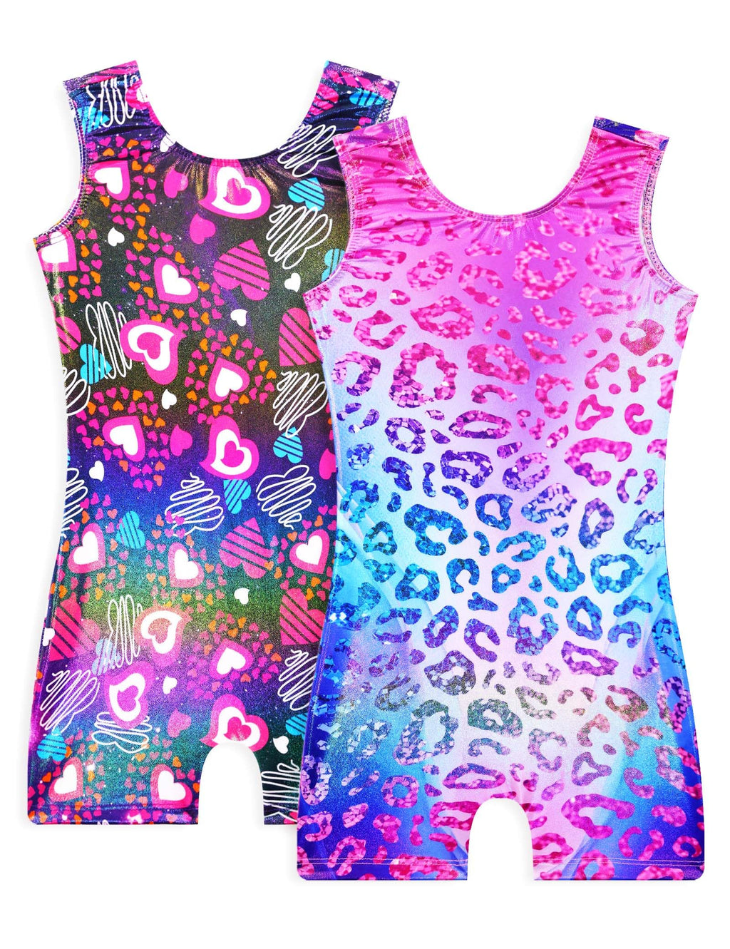 Snowheart Gymnastics Leotards for Girls - 2 Pack of Sparkly One-Piece Pro Kids Unitard Biketards with Shorts for Ages 2-9