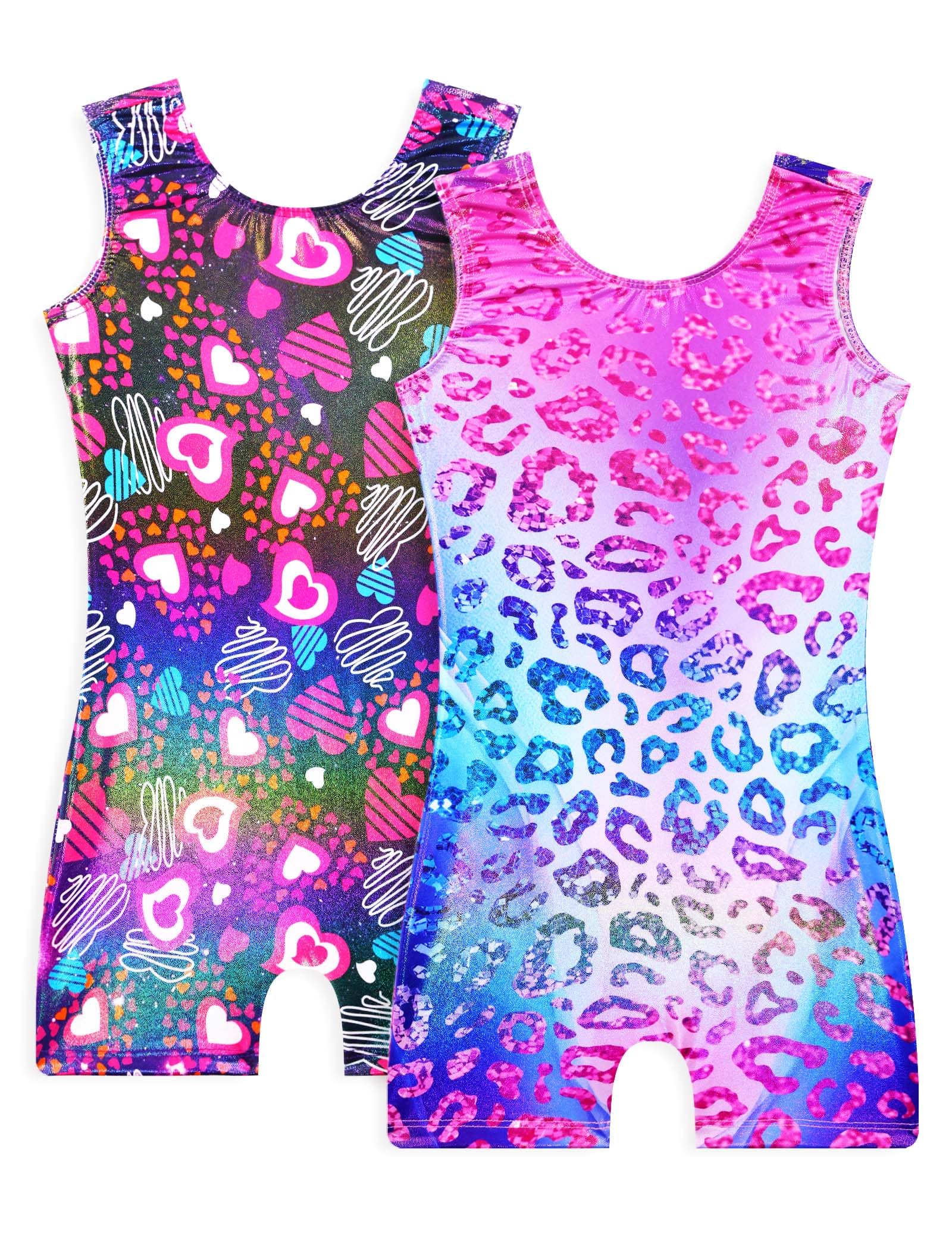 Snowheart Gymnastics Leotards for Girls - 2 Pack of Sparkly One-Piece Pro Kids Unitard Biketards with Shorts for Ages 2-9