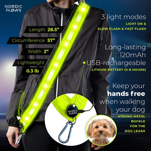 NordicFlows Rechargeable LED Lights Safety Vest – Reflective and Lighted Sash for Night Walks, Running, and Walking the Dog in the Dark Gear