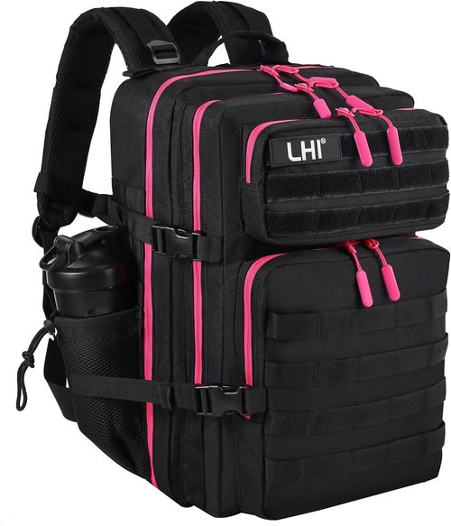 LHI Military Tactical Backpack - 45L Assault Pack with Molle System | Black with Red Zipper