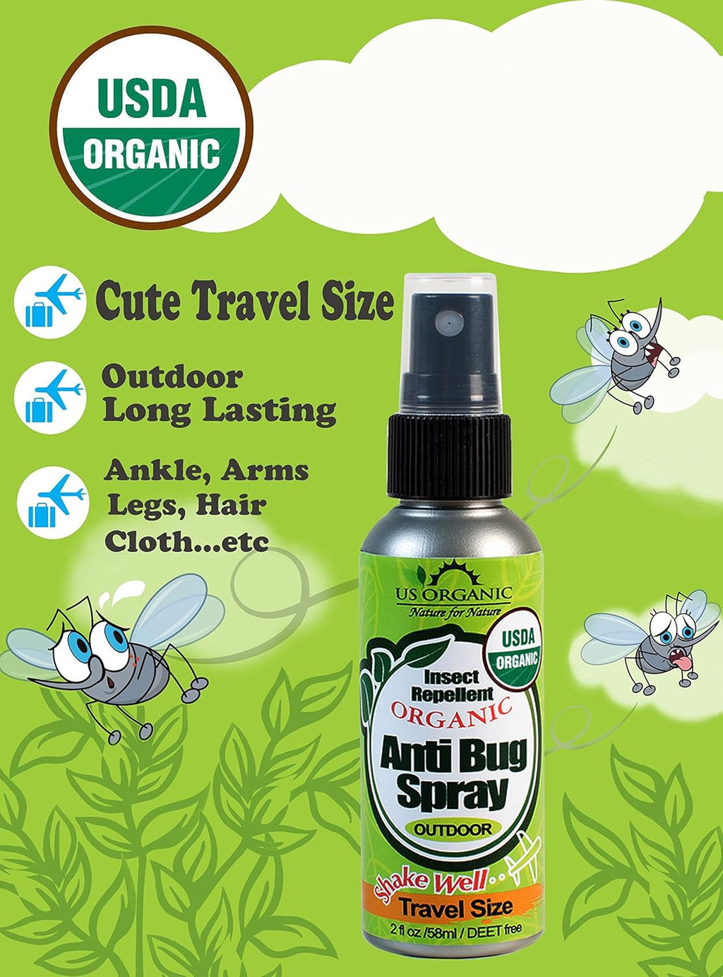US Organic Mosquito Repellent Spray - Deet-Free, USDA Certified, Cruelty-Free | 2 oz Value Pack