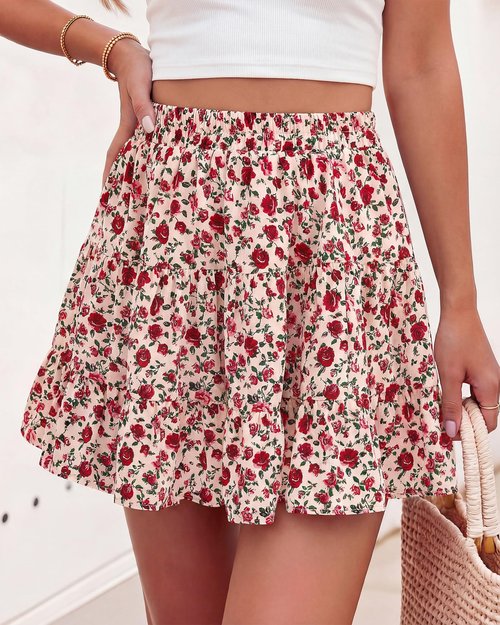 BTFBM Summer Skirts for Women 2026 Floral High Waist Shorts Underneath Boho Tiered Flowy Tennis Skorts Casual Mini Skirt(Floral Apricot Red, Large)