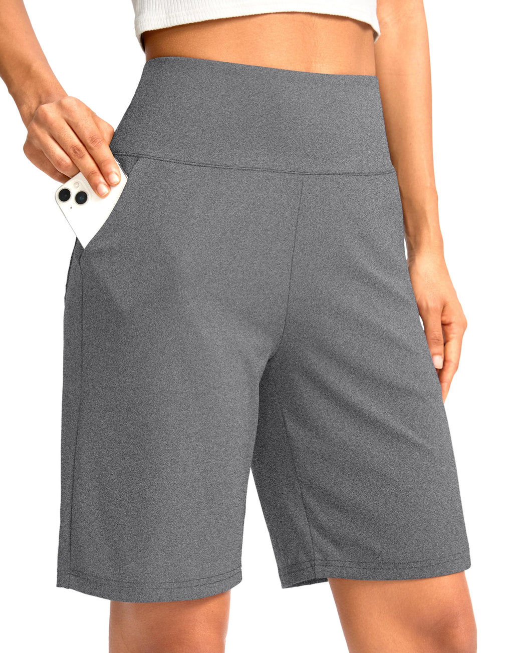 G Gradual Women's Bermuda Long Shorts with Pockets 9" High Waisted Knee Length Shorts for Women Walking Athletic Workout(Charcoal,L)