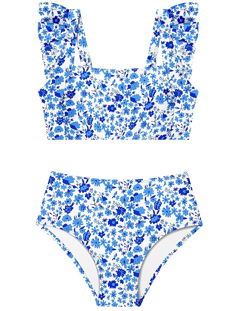Girls 2-Piece Square Neck Ruched Bikini Set - Adjustable Straps, Blue Floral, 9-16Y