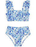 Girls 2-Piece Square Neck Ruched Bikini Set - Adjustable Straps, Blue Floral, 9-16Y